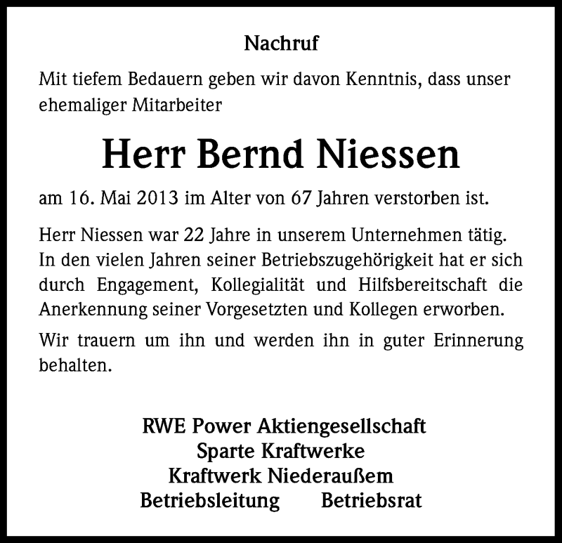  Traueranzeige für Bernd Niessen vom 05.06.2013 aus Kölner Stadt-Anzeiger / Kölnische Rundschau / Express