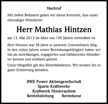 Anzeige von Mathias Hintzen von Kölner Stadt-Anzeiger / Kölnische Rundschau / Express