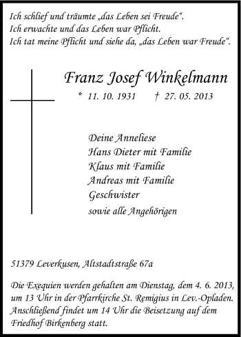 Anzeige von Franz Josef Winkelmann von Kölner Stadt-Anzeiger / Kölnische Rundschau / Express
