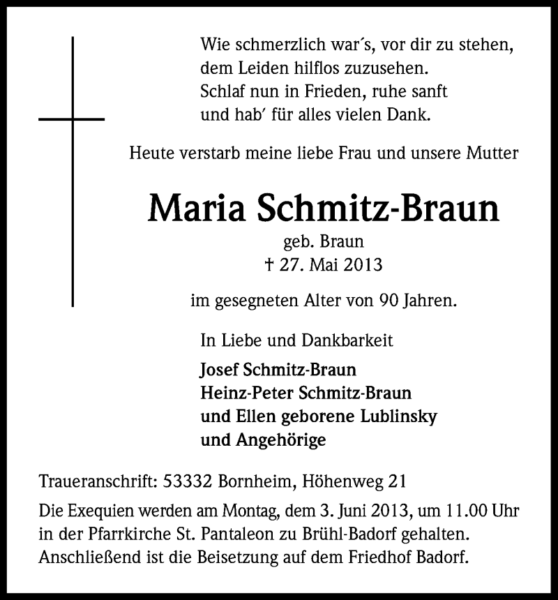  Traueranzeige für Maria Schmitz-Braun vom 01.06.2013 aus Kölner Stadt-Anzeiger / Kölnische Rundschau / Express