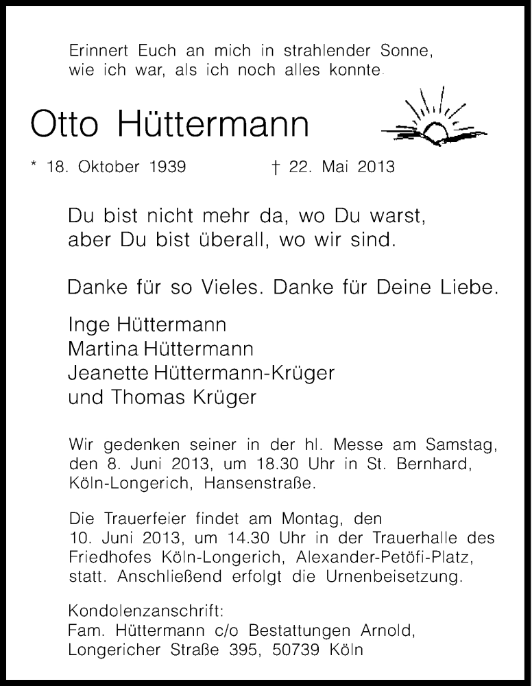  Traueranzeige für Otto Hüttermann vom 01.06.2013 aus Kölner Stadt-Anzeiger / Kölnische Rundschau / Express