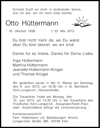 Anzeige von Otto Hüttermann von Kölner Stadt-Anzeiger / Kölnische Rundschau / Express