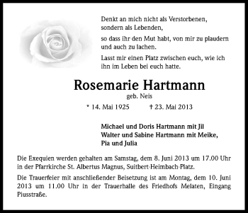 Anzeige von Rosemarie Hartmann von Kölner Stadt-Anzeiger / Kölnische Rundschau / Express
