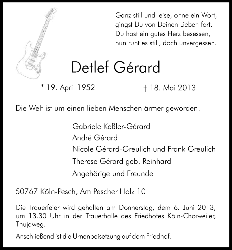  Traueranzeige für Detlef Gerard vom 01.06.2013 aus Kölner Stadt-Anzeiger / Kölnische Rundschau / Express