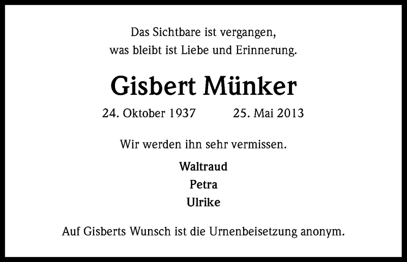  Traueranzeige für Gisbert Münker vom 01.06.2013 aus Kölner Stadt-Anzeiger / Kölnische Rundschau / Express