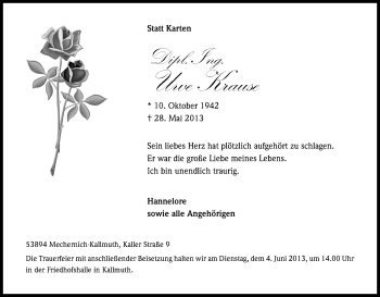 Anzeige von Uwe Krause von Kölner Stadt-Anzeiger / Kölnische Rundschau / Express
