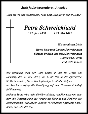 Anzeige von Petra Schweickhardt von Kölner Stadt-Anzeiger / Kölnische Rundschau / Express