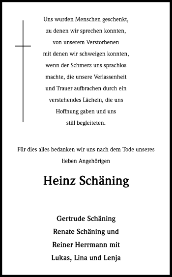 Anzeige von Heinz Schäning von Kölner Stadt-Anzeiger / Kölnische Rundschau / Express