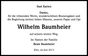 Anzeige von Wilhelm Baumheier von Kölner Stadt-Anzeiger / Kölnische Rundschau / Express