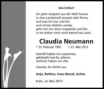 Anzeige von Claudia Neumann von Kölner Stadt-Anzeiger / Kölnische Rundschau / Express