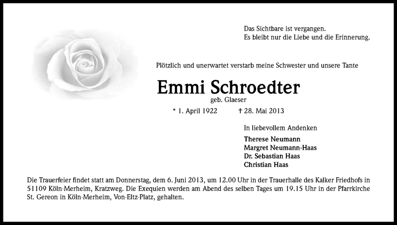  Traueranzeige für Emmi Schroedter vom 01.06.2013 aus Kölner Stadt-Anzeiger / Kölnische Rundschau / Express