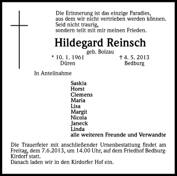 Anzeige von Hildegard Reinsch von Kölner Stadt-Anzeiger / Kölnische Rundschau / Express