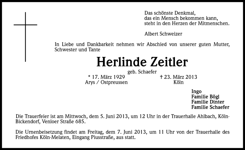  Traueranzeige für Herlinde Zeitler vom 01.06.2013 aus Kölner Stadt-Anzeiger / Kölnische Rundschau / Express