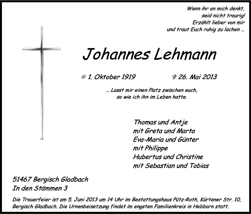 Traueranzeige für Johannes Lehmann vom 01.06.2013 aus Kölner Stadt-Anzeiger / Kölnische Rundschau / Express