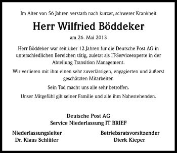 Anzeige von Wilfried Böddeker von Kölner Stadt-Anzeiger / Kölnische Rundschau / Express
