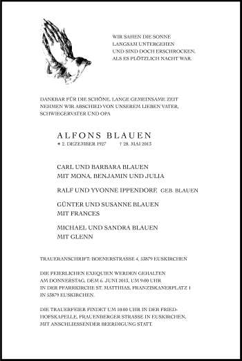 Anzeige von Alfons Blauen von Kölner Stadt-Anzeiger / Kölnische Rundschau / Express