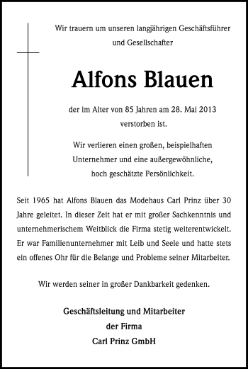 Anzeige von Alfons Blauen von Kölner Stadt-Anzeiger / Kölnische Rundschau / Express