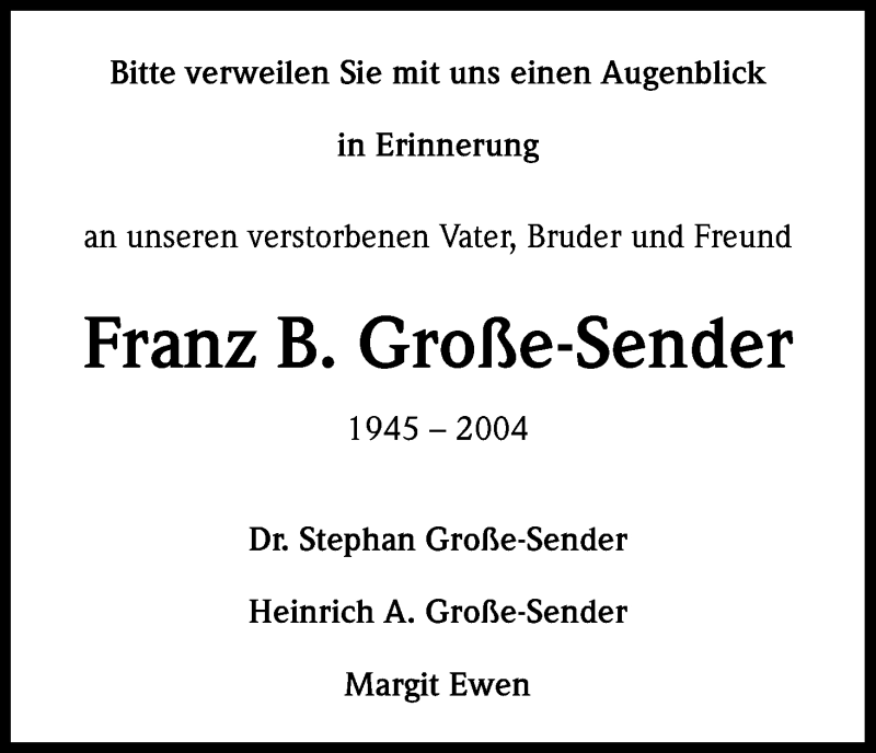  Traueranzeige für Franz Große-Sender vom 01.06.2013 aus Kölner Stadt-Anzeiger / Kölnische Rundschau / Express