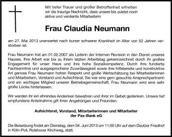 Anzeige von Claudia Neumann von Kölner Stadt-Anzeiger / Kölnische Rundschau / Express