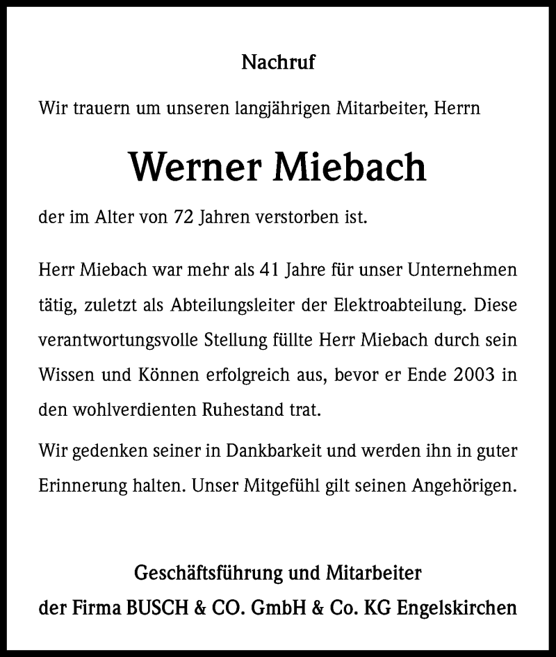  Traueranzeige für Werner Miebach vom 01.06.2013 aus Kölner Stadt-Anzeiger / Kölnische Rundschau / Express