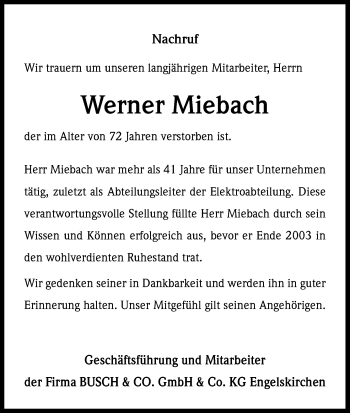 Anzeige von Werner Miebach von Kölner Stadt-Anzeiger / Kölnische Rundschau / Express