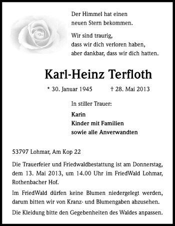 Anzeige von Karl-Heinz Terfloth von Kölner Stadt-Anzeiger / Kölnische Rundschau / Express