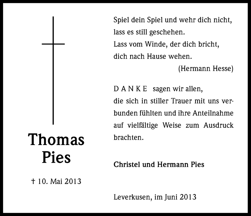  Traueranzeige für Thomas Pies vom 01.06.2013 aus Kölner Stadt-Anzeiger / Kölnische Rundschau / Express