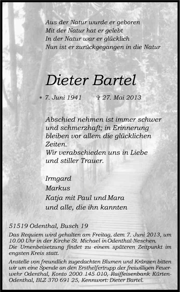  Traueranzeige für Dieter Bartel vom 01.06.2013 aus Kölner Stadt-Anzeiger / Kölnische Rundschau / Express
