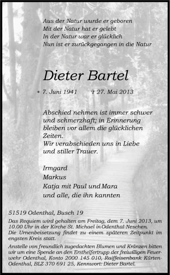 Anzeige von Dieter Bartel von Kölner Stadt-Anzeiger / Kölnische Rundschau / Express