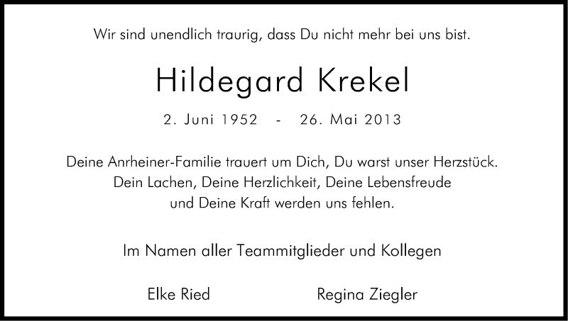  Traueranzeige für Hildegard Krekel vom 01.06.2013 aus Kölner Stadt-Anzeiger / Kölnische Rundschau / Express