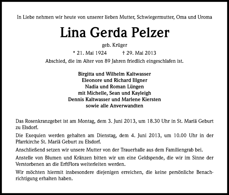  Traueranzeige für Lina Gerda Pelzer vom 01.06.2013 aus Kölner Stadt-Anzeiger / Kölnische Rundschau / Express