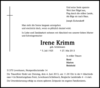 Anzeige von Irene Krimm von Kölner Stadt-Anzeiger / Kölnische Rundschau / Express