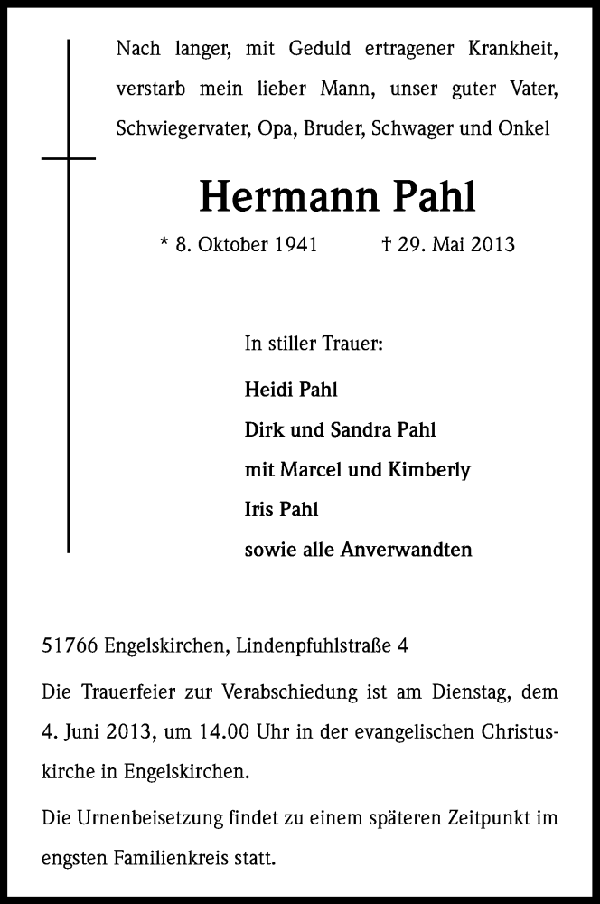 Traueranzeige für Hermann Pahl vom 01.06.2013 aus Kölner Stadt-Anzeiger / Kölnische Rundschau / Express
