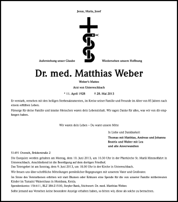 Anzeige von Matthias Weber von Kölner Stadt-Anzeiger / Kölnische Rundschau / Express