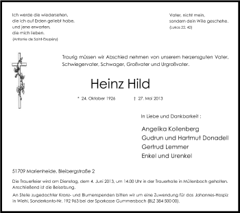Anzeige von Heinz Hild von Kölner Stadt-Anzeiger / Kölnische Rundschau / Express