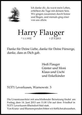 Anzeige von Harry Flauger von Kölner Stadt-Anzeiger / Kölnische Rundschau / Express