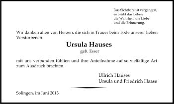 Anzeige von Ursula Hauses von Kölner Stadt-Anzeiger / Kölnische Rundschau / Express