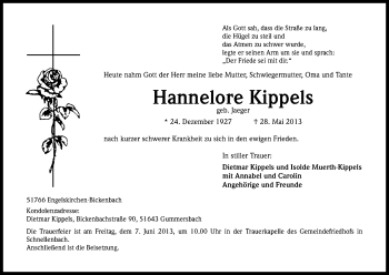 Anzeige von Hannelore Kippels von Kölner Stadt-Anzeiger / Kölnische Rundschau / Express
