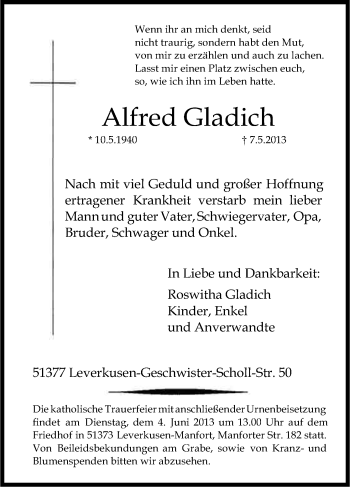 Anzeige von Alfred Gladich von Kölner Stadt-Anzeiger / Kölnische Rundschau / Express