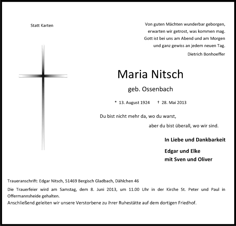  Traueranzeige für Maria Nitsch vom 01.06.2013 aus Kölner Stadt-Anzeiger / Kölnische Rundschau / Express