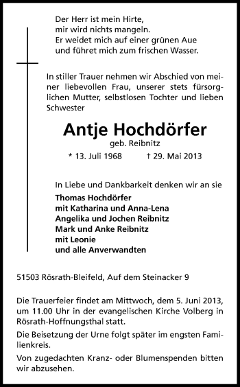 Anzeige von Antje Hochdörfer von Kölner Stadt-Anzeiger / Kölnische Rundschau / Express