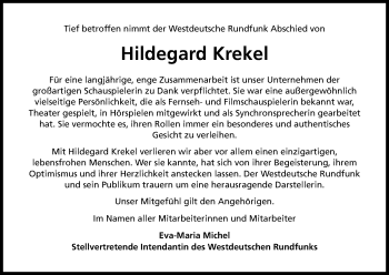 Anzeige von Hildegard Krekel von Kölner Stadt-Anzeiger / Kölnische Rundschau / Express