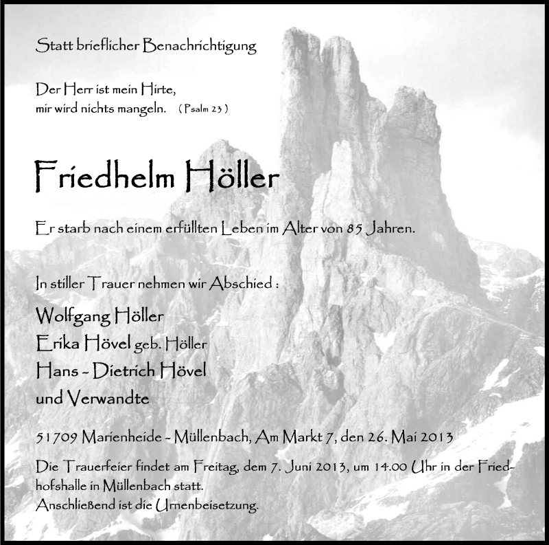  Traueranzeige für Friedhelm Höller vom 01.06.2013 aus Kölner Stadt-Anzeiger / Kölnische Rundschau / Express