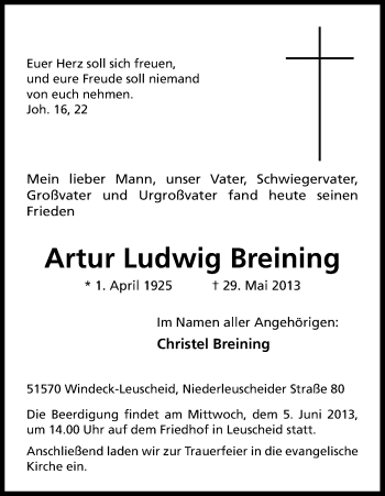 Anzeige von Artur Ludwig Breinig von Kölner Stadt-Anzeiger / Kölnische Rundschau / Express