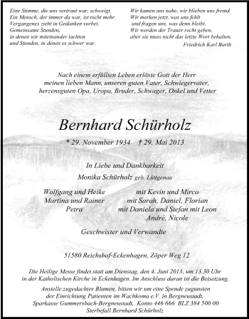 Anzeige von Bernhard Schürholz von Kölner Stadt-Anzeiger / Kölnische Rundschau / Express