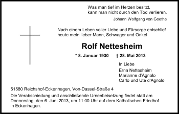 Anzeige von Rolf Nettesheim von Kölner Stadt-Anzeiger / Kölnische Rundschau / Express