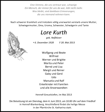 Anzeige von Lore Kurth von Kölner Stadt-Anzeiger / Kölnische Rundschau / Express