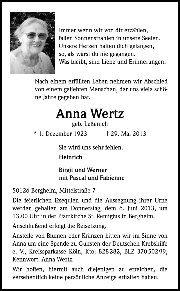  Traueranzeige für Anne Wertz vom 01.06.2013 aus Kölner Stadt-Anzeiger / Kölnische Rundschau / Express