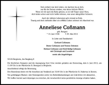 Anzeige von Anneliese Coßmann von Kölner Stadt-Anzeiger / Kölnische Rundschau / Express