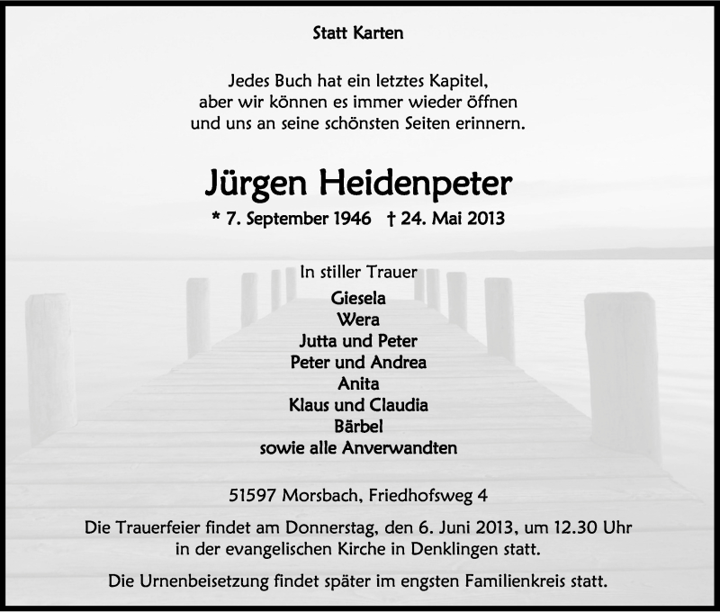 Traueranzeige für Jürgen Heidenpeter vom 01.06.2013 aus Kölner Stadt-Anzeiger / Kölnische Rundschau / Express
